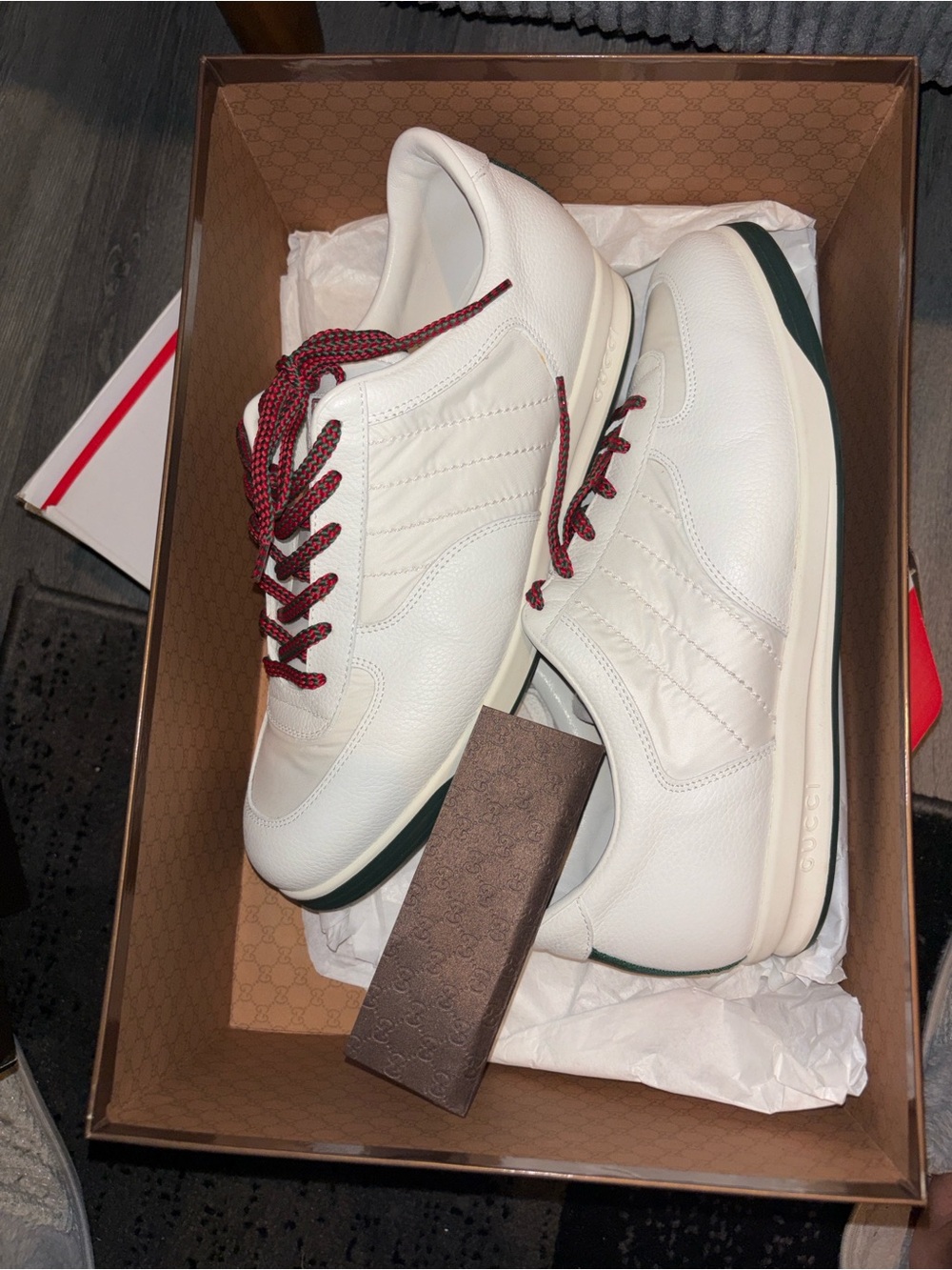 Gucci White Leather Sneakers with Red Laces and Green Trim